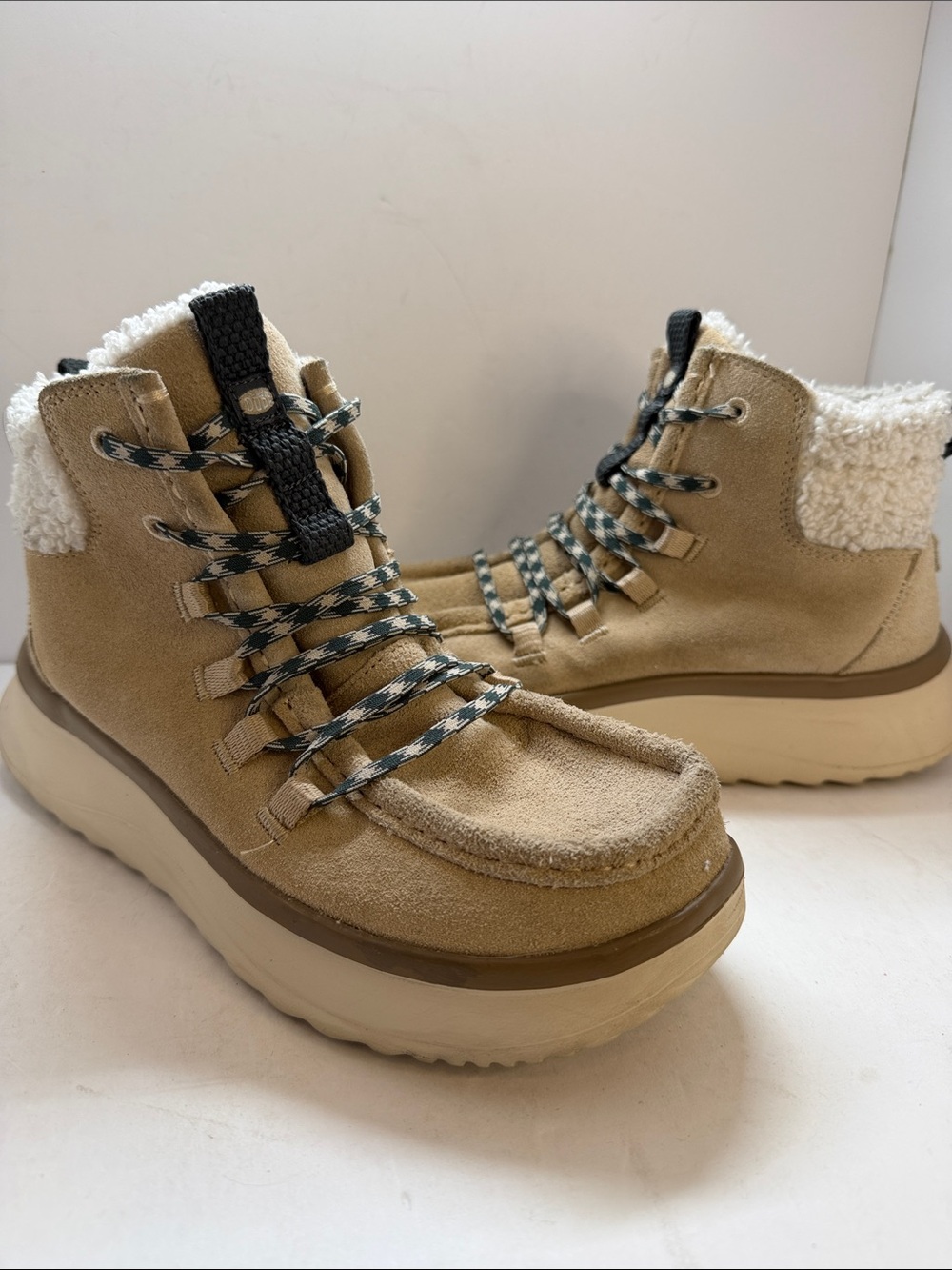 Hey Dude Tan Suede Sherpa-Lined Ankle Boots with Patterned Laces